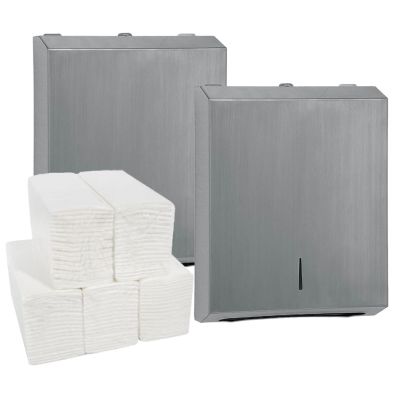 C21 Brushed Dispenser (Pack of 2) & Paper Hand Towel Bundle