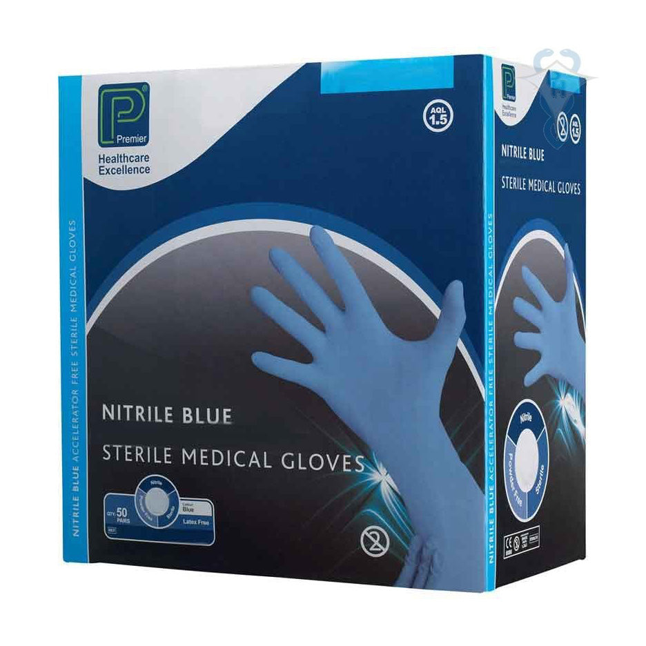 Premier Nitrile Blue Sterile Medical Gloves Medium 