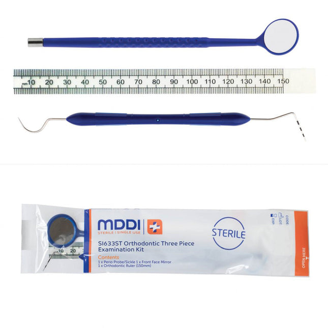 Orthodontic 3-Piece Sterile Examination Kit - Mirror, Ruler, Perio Probe/Sickle - Disposable 