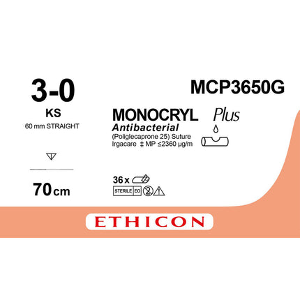 MONOCRYL Plus Suture MCP3650G Gauge 3-0, Length 70cm 