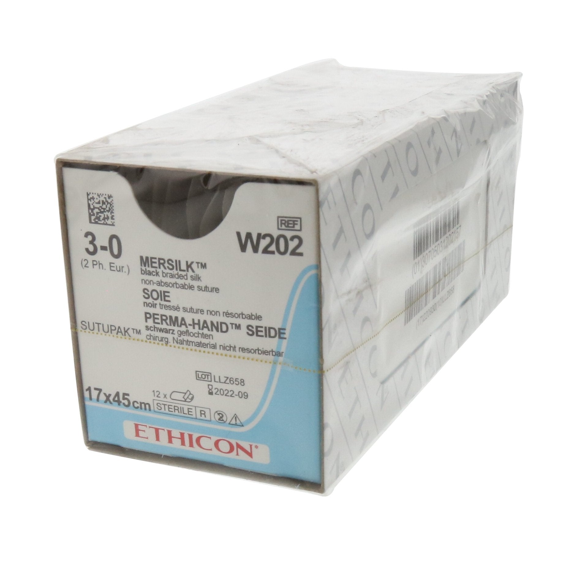 Mersilk Black Suture W202. Length: 45cm, Gauge: 3/0 