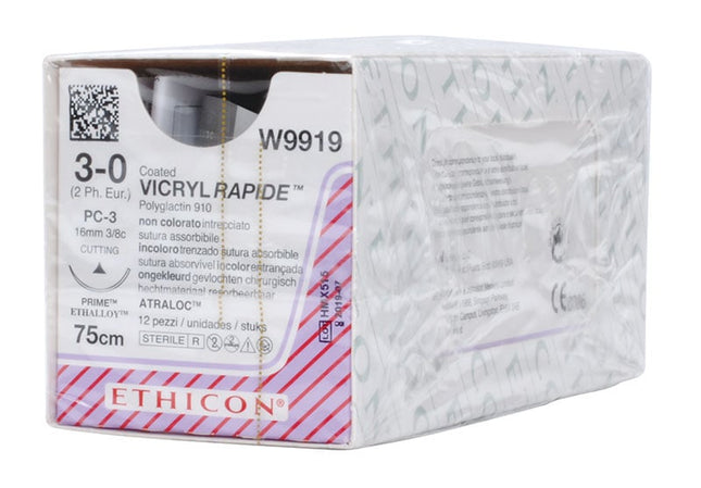 Vicryl Rapide Suture - Braided, Undyed, Absorbable W9919. Length: 75cm, Gauge 3/0 