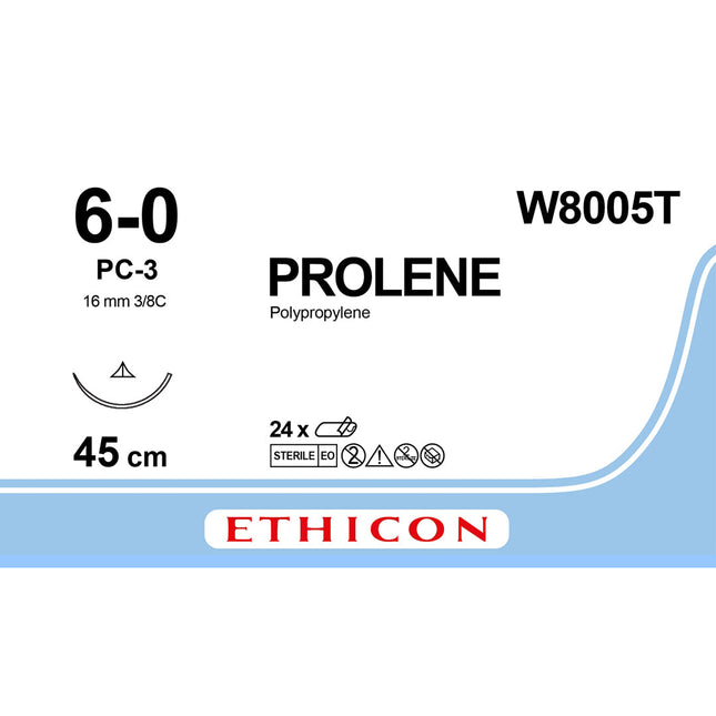 Prolene Blu Suture W8005T. Length 45cm, M0.7 Gauge 6/0 PC-3 