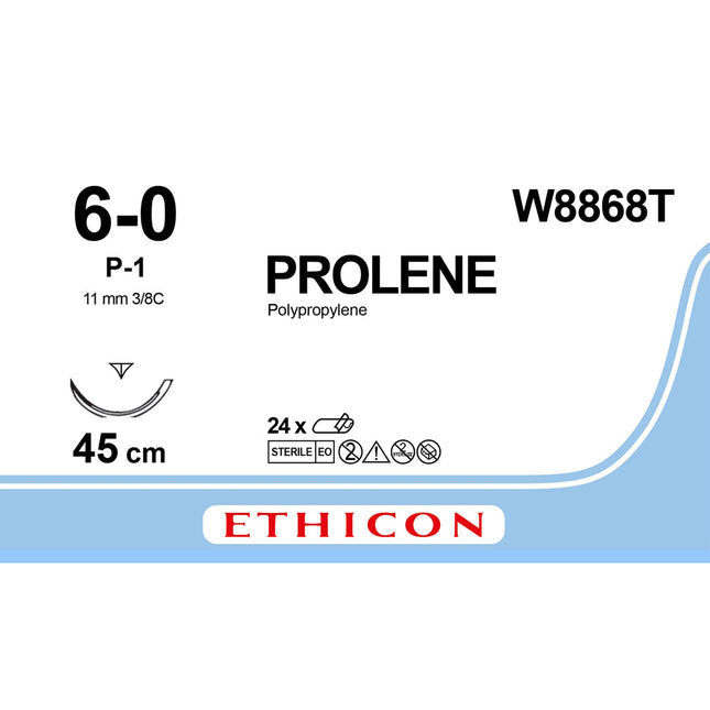 Prolene Blu Suture W8868T. Length 45cm, M0.7 Gauge 6/0 P-1 