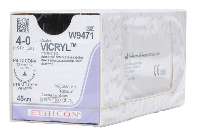 Vicryl Suture, Coated - Absorbable, Braided, Violet W9471. Length: 45cm, Gauge: 4/0 