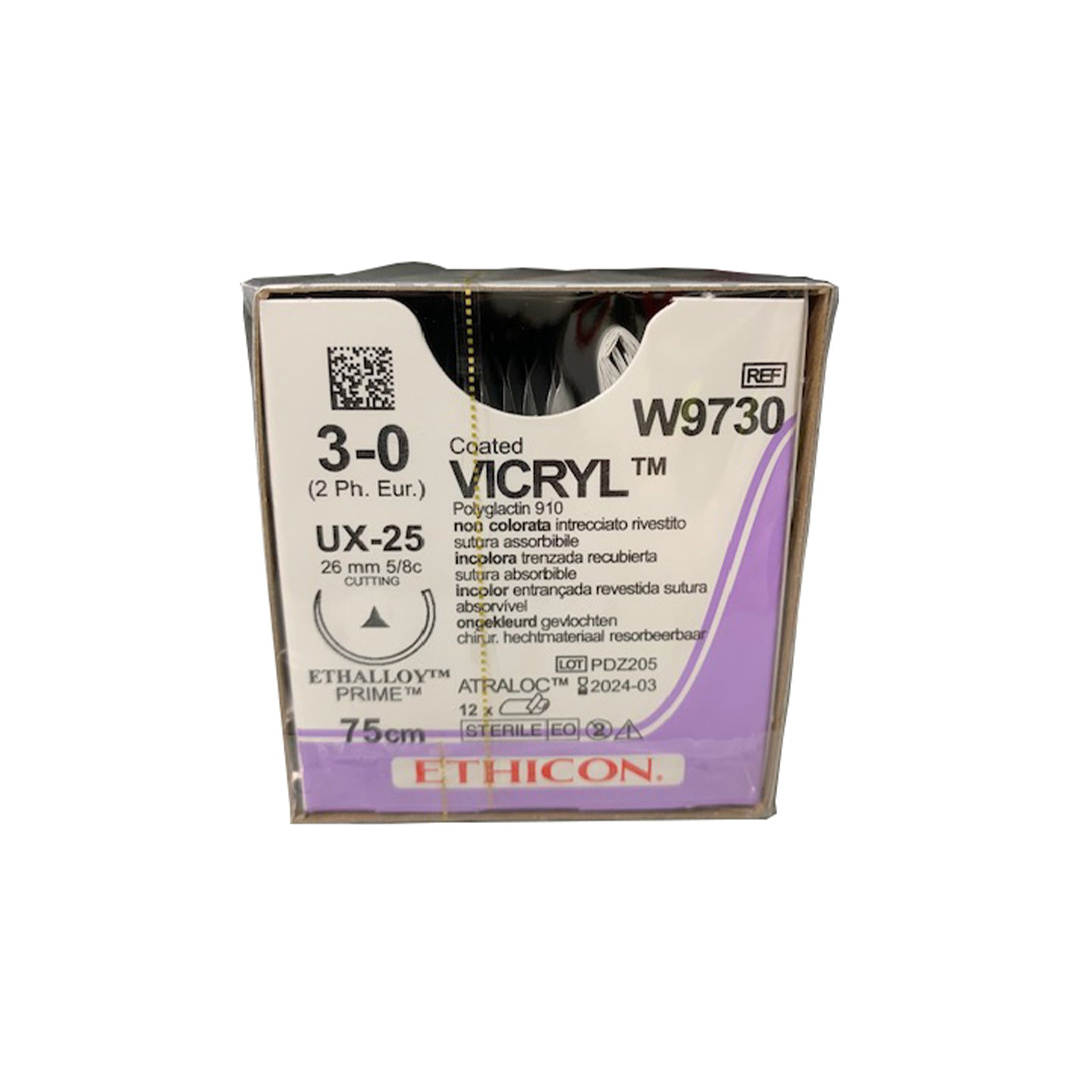 Vicryl Suture, Coated - Absorbable, Braided, Undyed W9730. Length: 75cm, Gauge: 3/0 