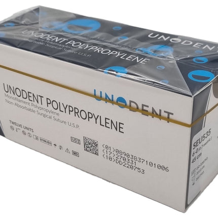UnoDent Polypropylene Surgical Suture Gauge: 6/0, Length: 45cm, 3/8 circle, Reverse Cutting, 11mm Prime 