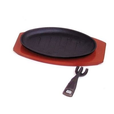 Cast Iron Oval Sizzle Platter with Wooden Tray- Large